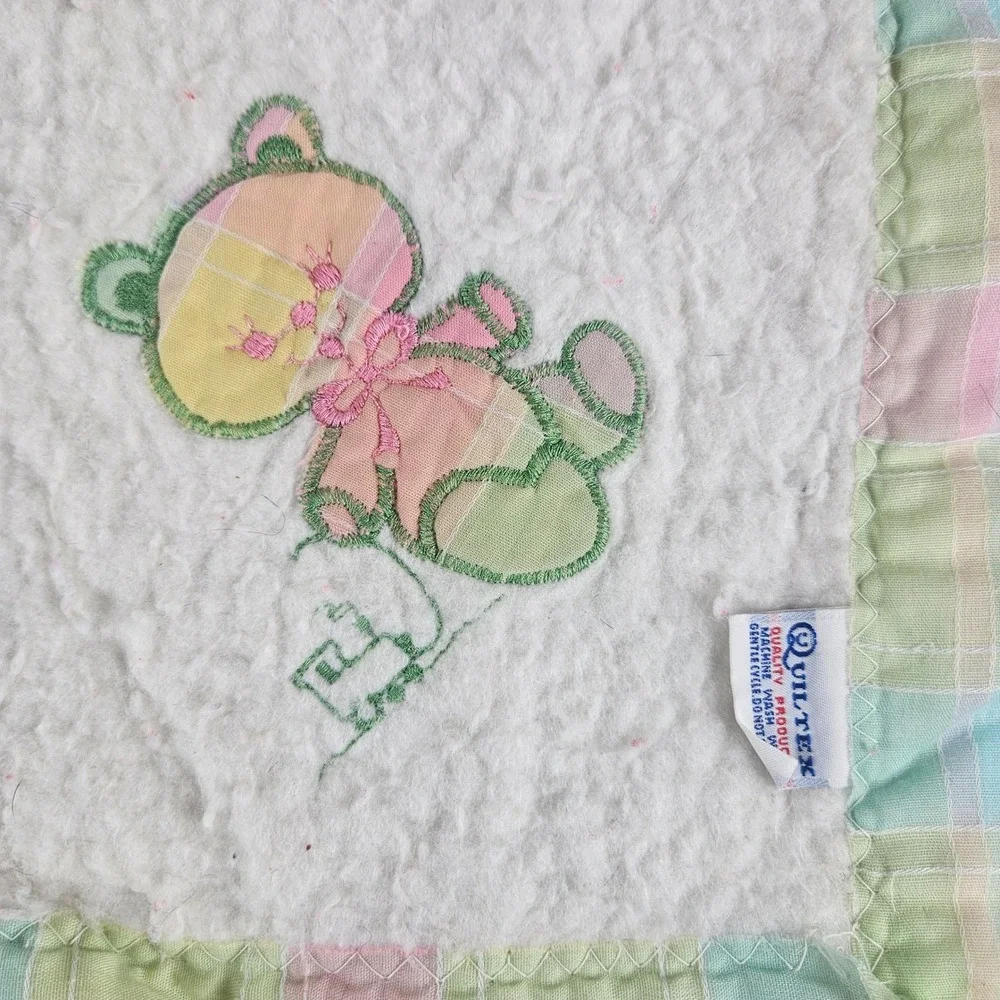Vintage Quiltex Baby Blanket Pastel Plaid Teddy Bear White Sherpa Fleece 38X24